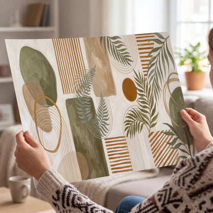 Green botanical leaves layered with ochre and cream geometric forms single poster print held in hands