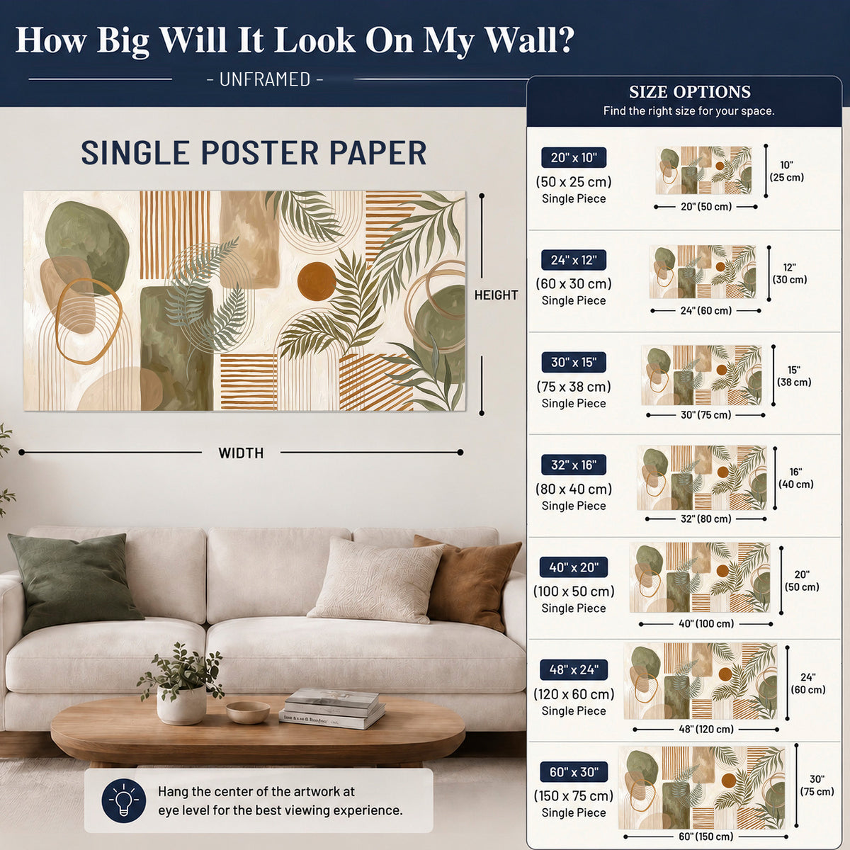 Green botanical leaves layered with ochre and cream geometric forms single poster print size guide above a sofa; room view is illustrative