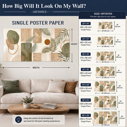 Green botanical leaves layered with ochre and cream geometric forms single poster print size guide above a sofa; room view is illustrative