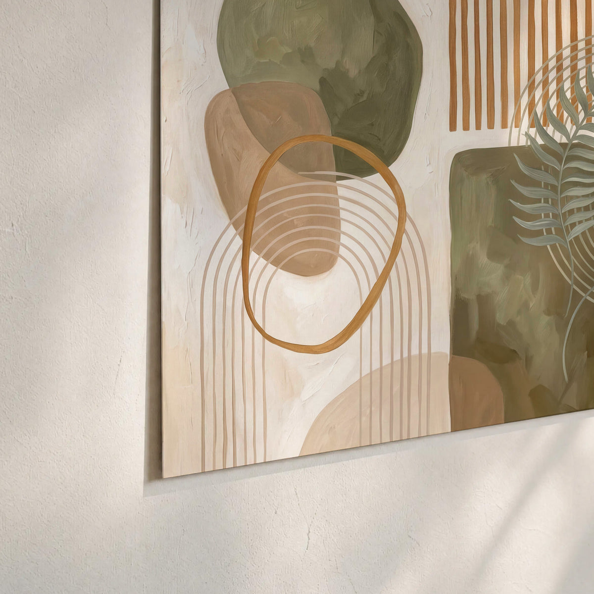 Green botanical leaves layered with ochre and cream geometric forms set of 3 poster prints material and edge close up