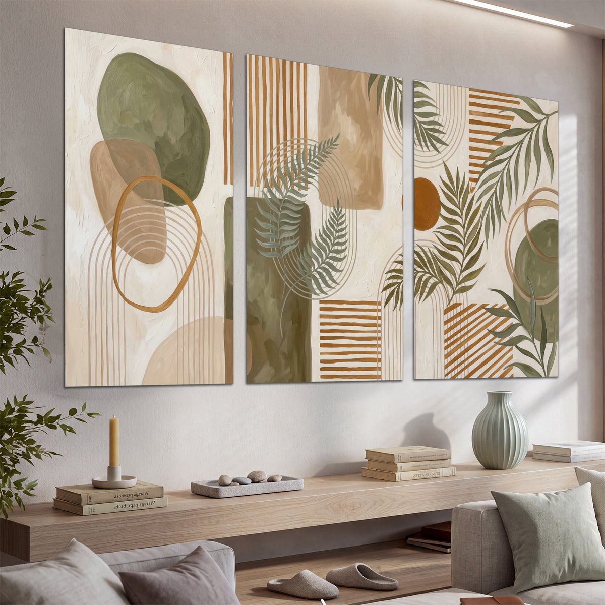 Green botanical leaves layered with ochre and cream geometric forms set of 3 poster prints displayed in a console