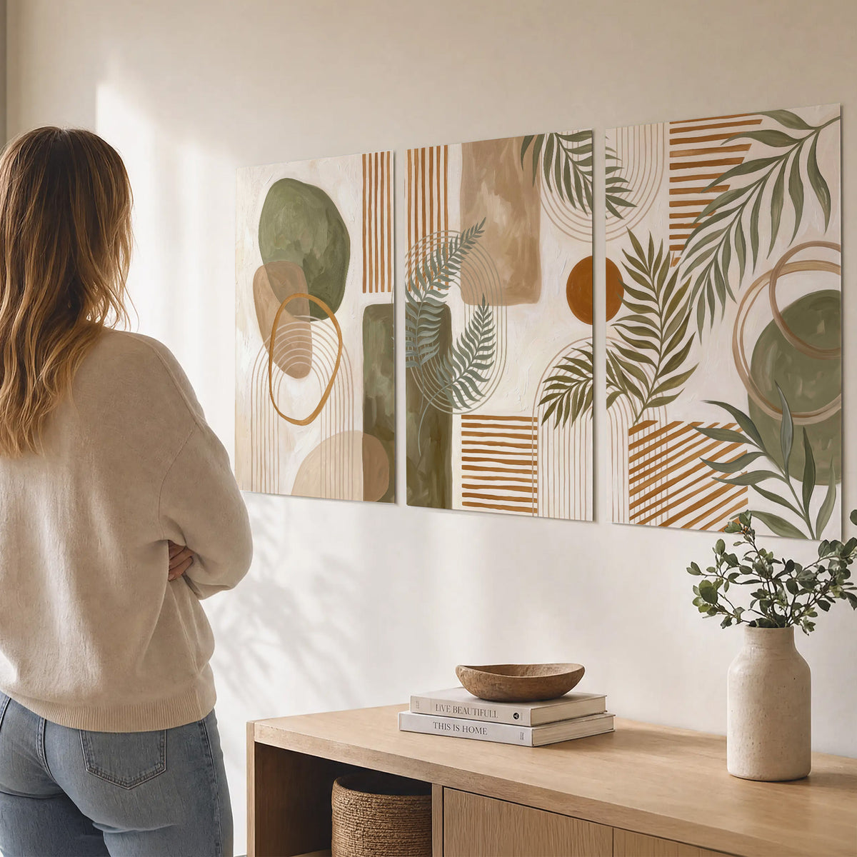 Green botanical leaves layered with ochre and cream geometric forms set of 3 poster prints three panel arrangement on a wall