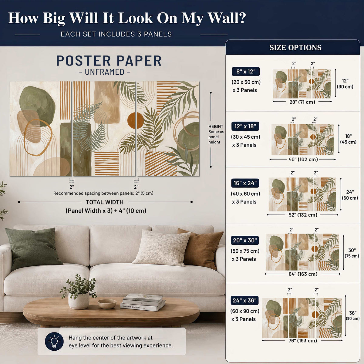 Green botanical leaves layered with ochre and cream geometric forms set of 3 poster prints size guide above a sofa; room view is illustrative