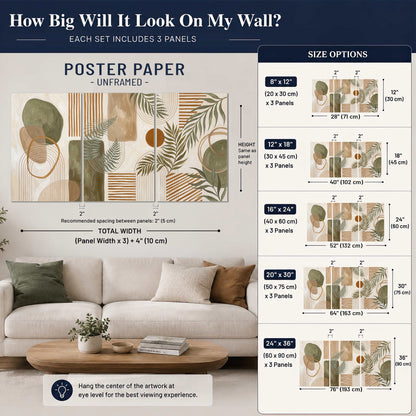 Green botanical leaves layered with ochre and cream geometric forms set of 3 poster prints size guide above a sofa; room view is illustrative