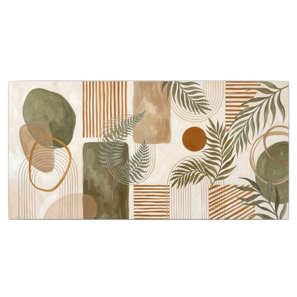 Green botanical leaves layered with ochre and cream geometric forms single canvas wall art viewed straight on