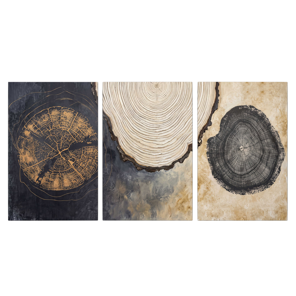Circular tree-ring motifs in charcoal, cream and gold tones 3 piece canvas wall art viewed straight on