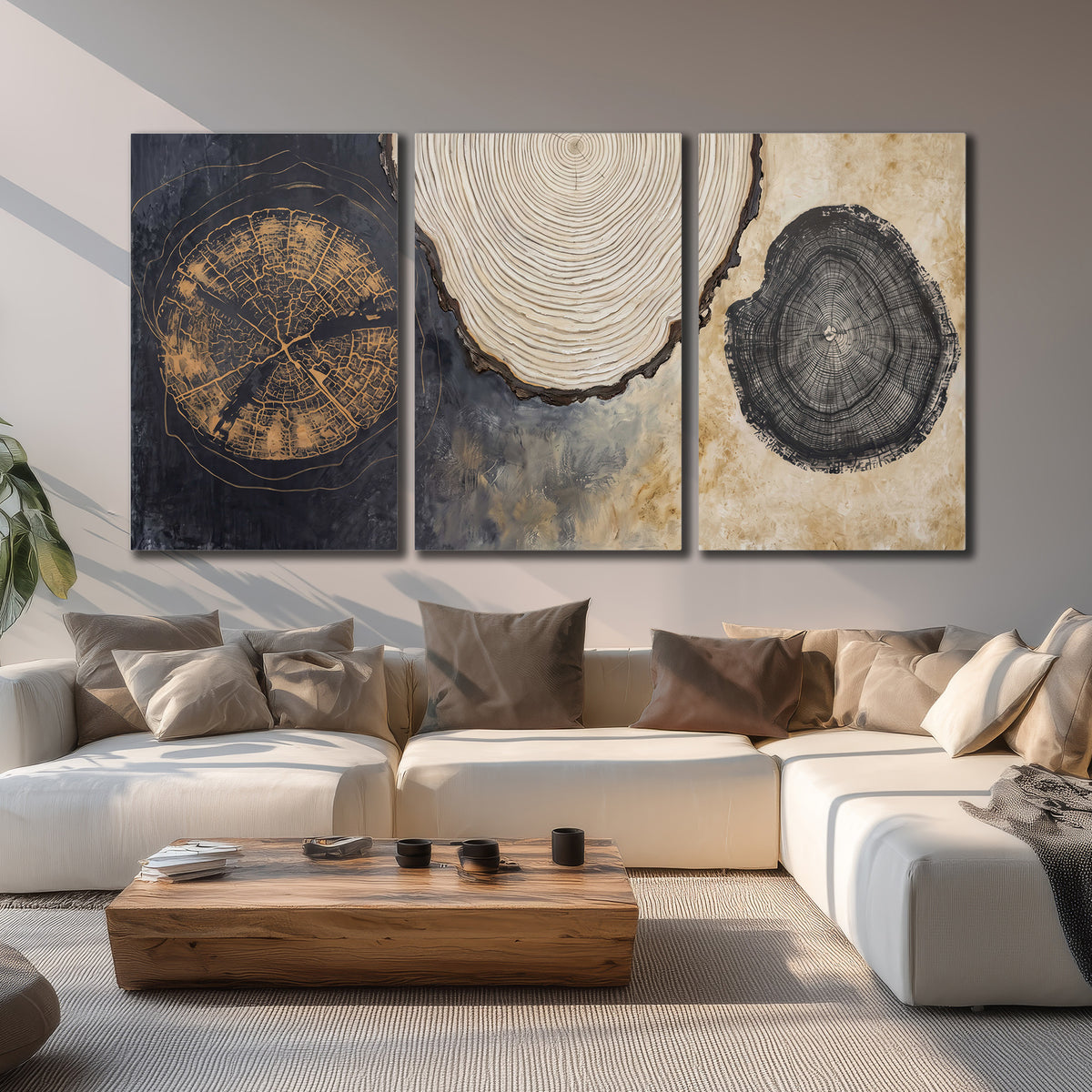 Circular tree-ring motifs in charcoal, cream and gold tones 3 piece canvas wall art displayed in a living room