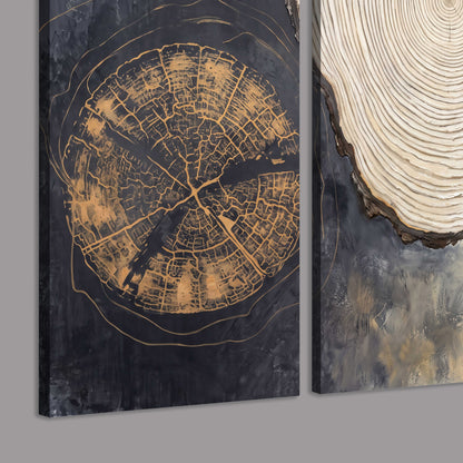Circular tree-ring motifs in charcoal, cream and gold tones 3 piece canvas wall art room and product view