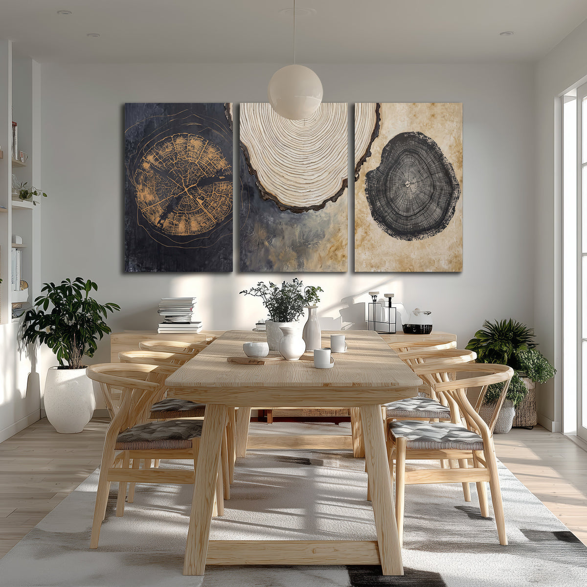 Circular tree-ring motifs in charcoal, cream and gold tones 3 piece canvas wall art room and product view