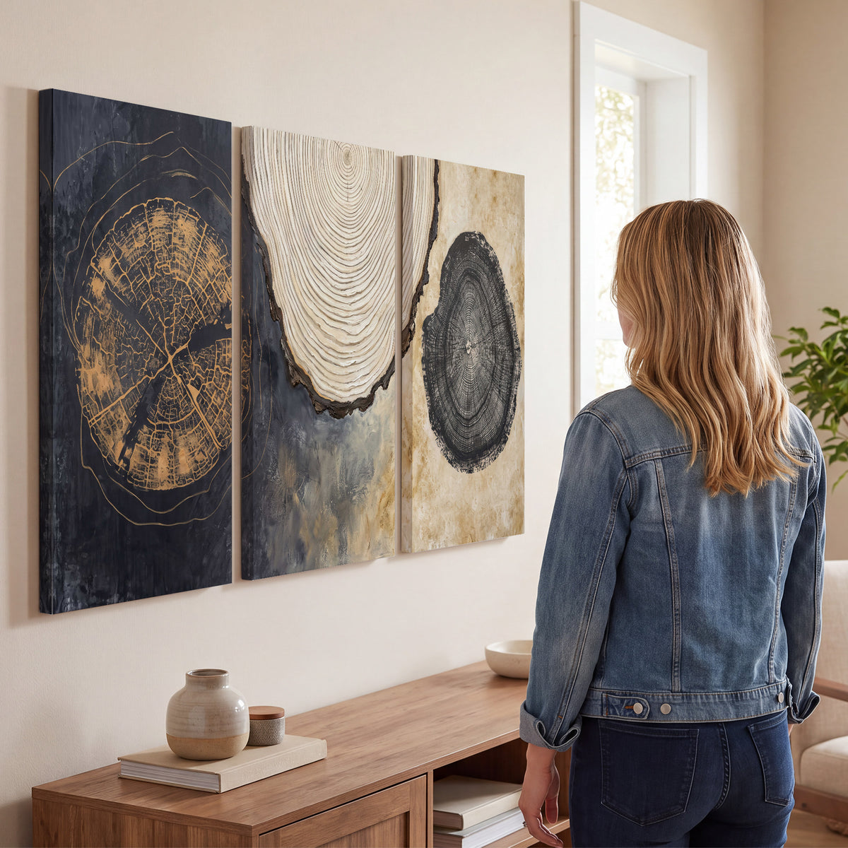 Circular tree-ring motifs in charcoal, cream and gold tones 3 piece canvas wall art three panel arrangement on a wall