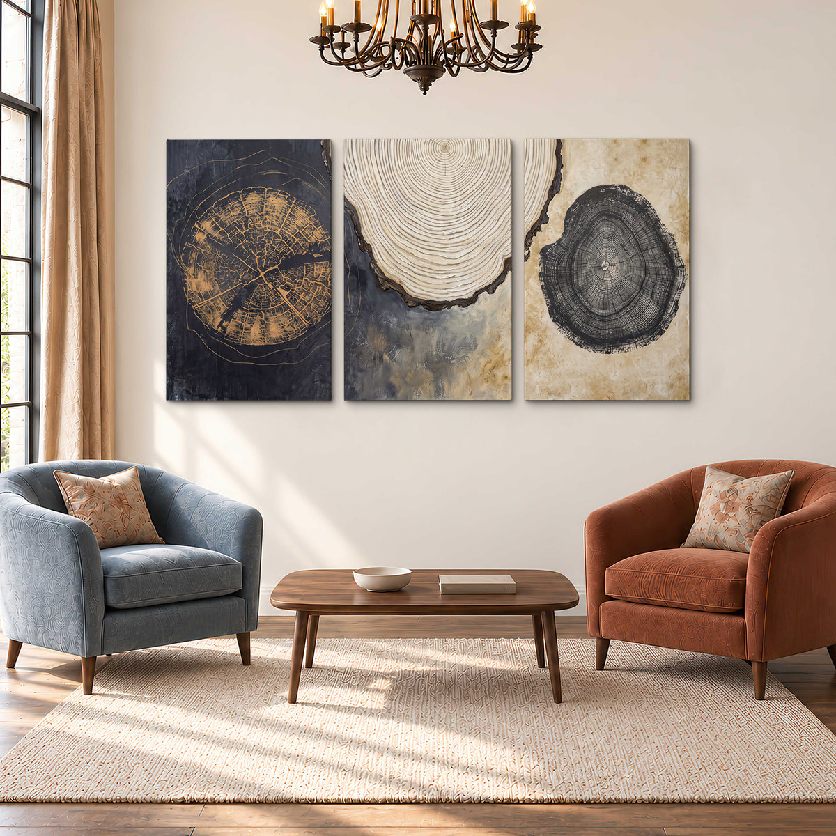 Circular tree-ring motifs in charcoal, cream and gold tones 3 piece canvas wall art styled in an interior