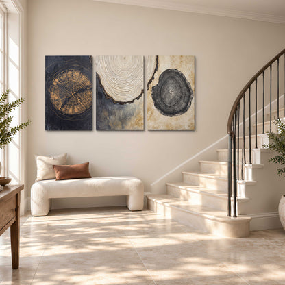 Circular tree-ring motifs in charcoal, cream and gold tones 3 piece canvas wall art styled in an interior