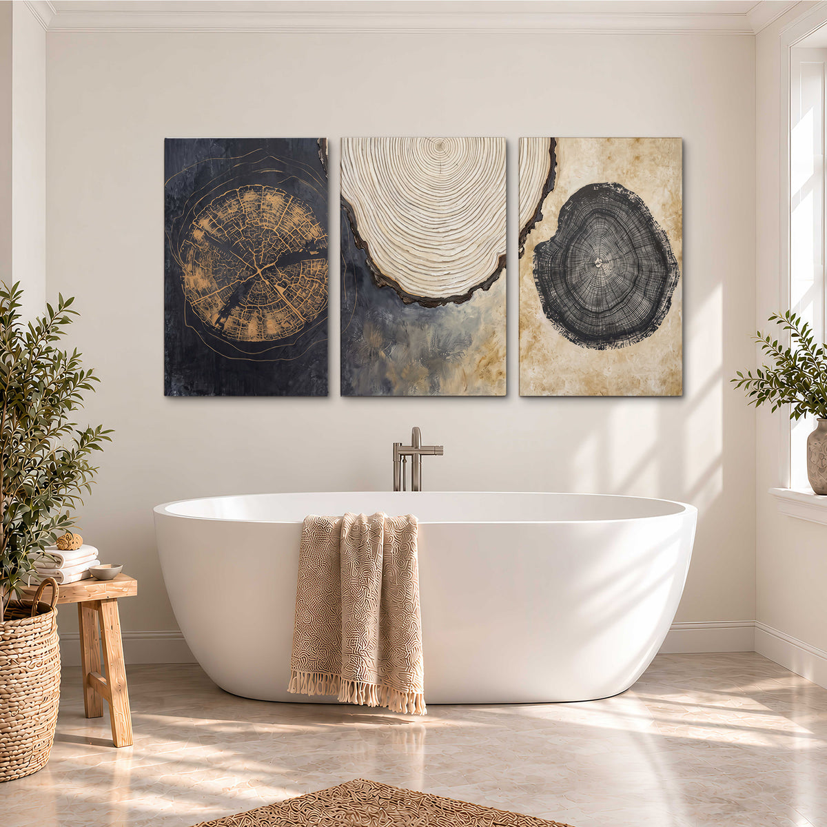 Circular tree-ring motifs in charcoal, cream and gold tones 3 piece canvas wall art styled in an interior