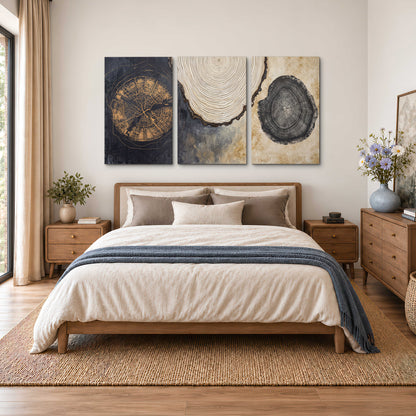 Circular tree-ring motifs in charcoal, cream and gold tones 3 piece canvas wall art styled in an interior