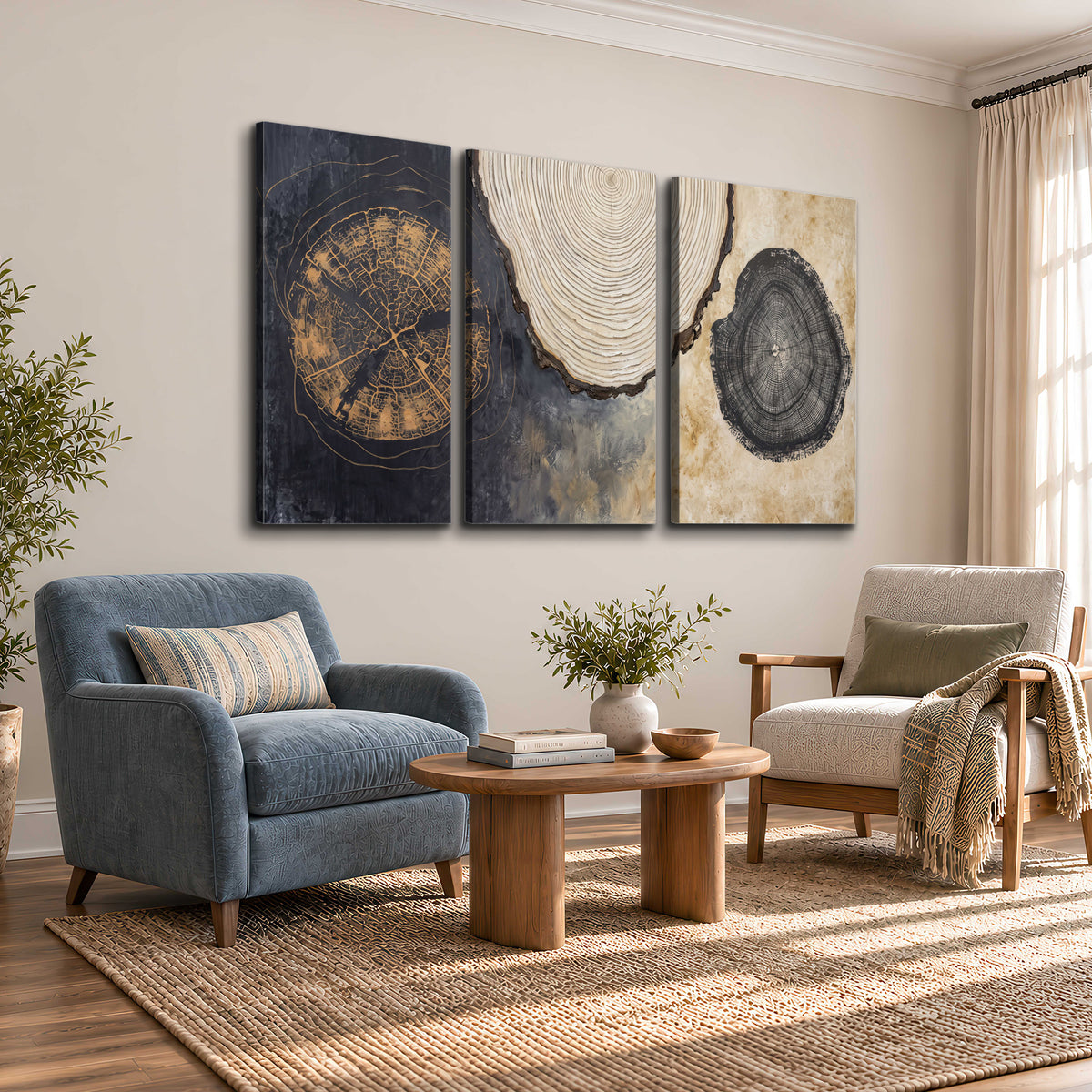 Circular tree-ring motifs in charcoal, cream and gold tones 3 piece canvas wall art styled in an interior