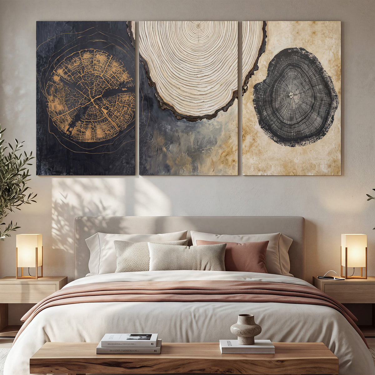 Circular tree-ring motifs in charcoal, cream and gold tones 3 piece canvas wall art displayed in a bedroom