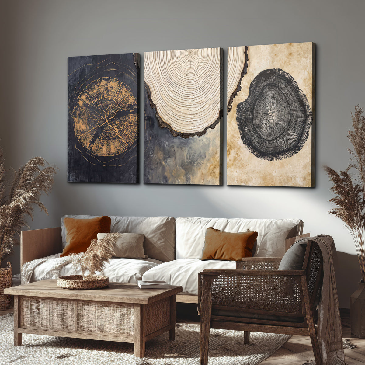 Circular tree-ring motifs in charcoal, cream and gold tones 3 piece canvas wall art displayed in a rustic living room
