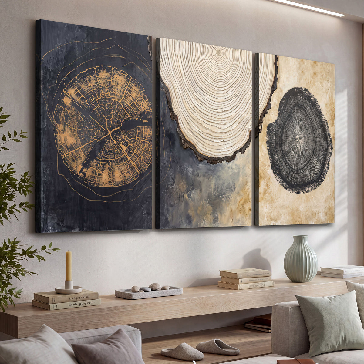 Circular tree-ring motifs in charcoal, cream and gold tones 3 piece canvas wall art displayed in a console