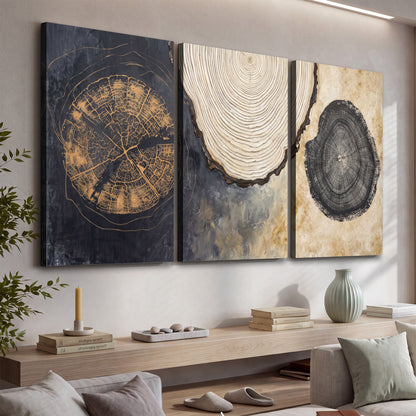 Circular tree-ring motifs in charcoal, cream and gold tones 3 piece canvas wall art displayed in a console