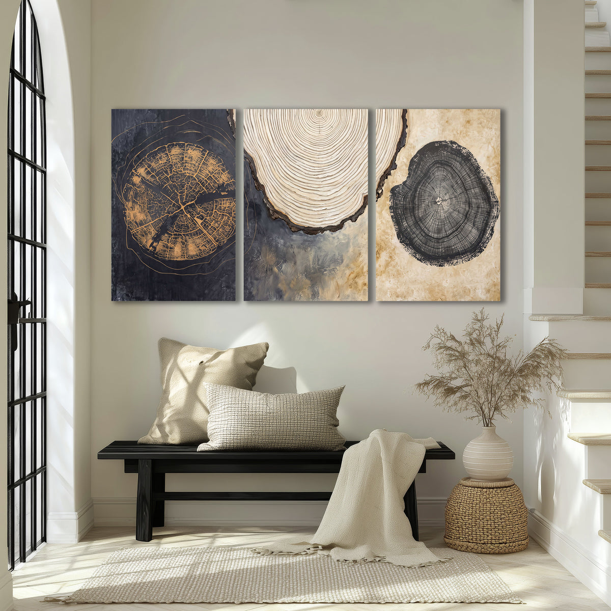 Circular tree-ring motifs in charcoal, cream and gold tones 3 piece canvas wall art displayed in a entryway