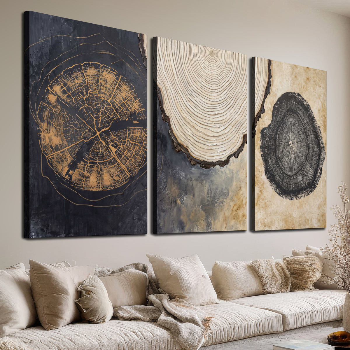 Circular tree-ring motifs in charcoal, cream and gold tones 3 piece canvas wall art room and product view