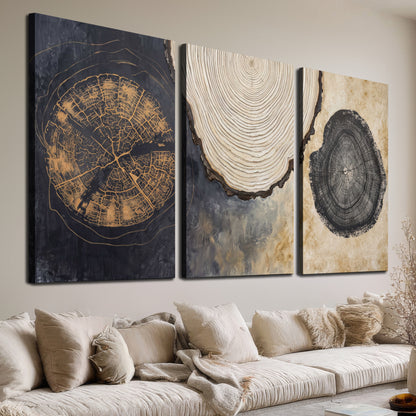Circular tree-ring motifs in charcoal, cream and gold tones 3 piece canvas wall art room and product view