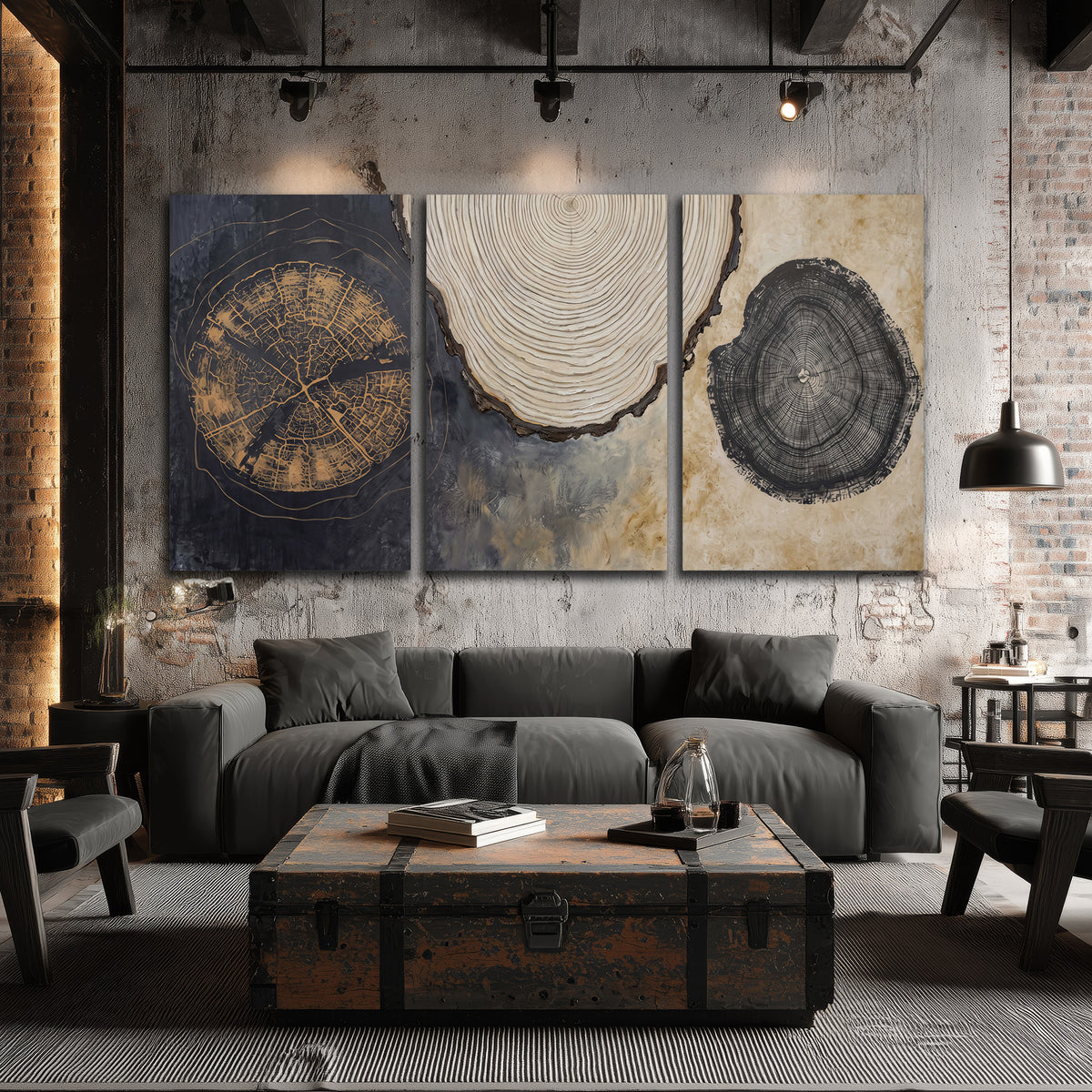 Circular tree-ring motifs in charcoal, cream and gold tones 3 piece canvas wall art displayed in a industrial room