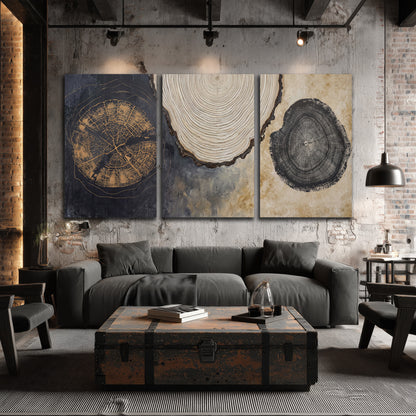 Circular tree-ring motifs in charcoal, cream and gold tones 3 piece canvas wall art displayed in a industrial room