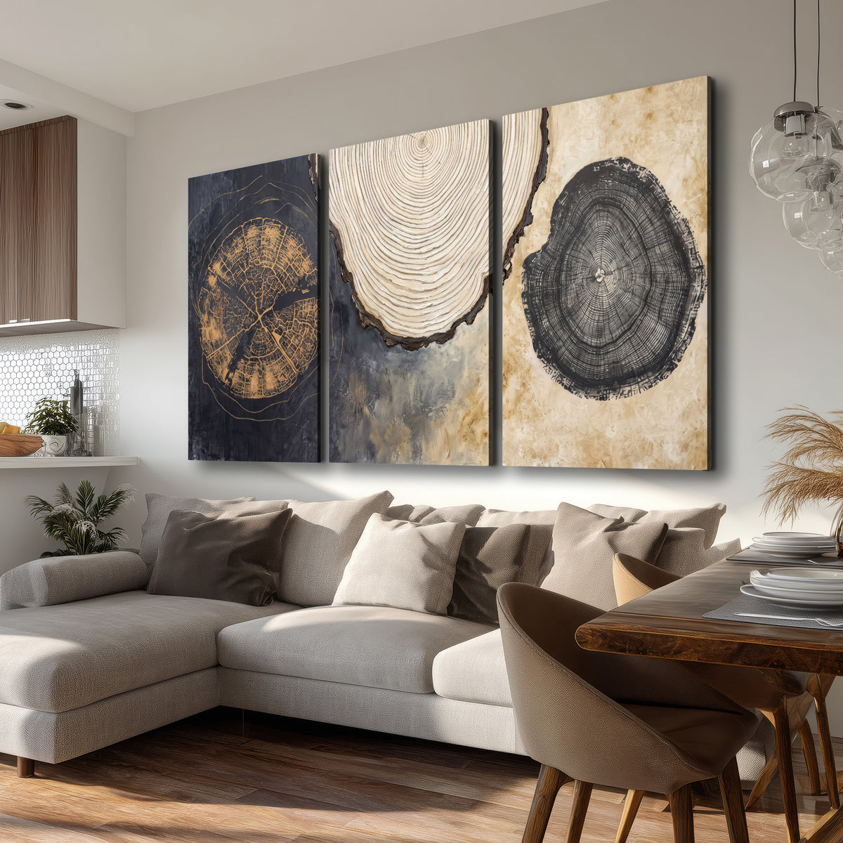Circular tree-ring motifs in charcoal, cream and gold tones 3 piece canvas wall art room and product view