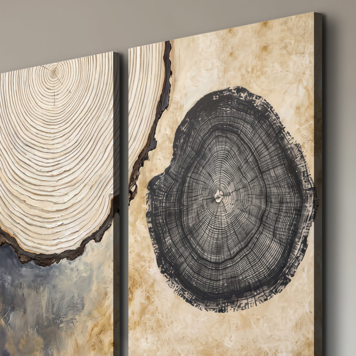 Circular tree-ring motifs in charcoal, cream and gold tones 3 piece canvas wall art room and product view