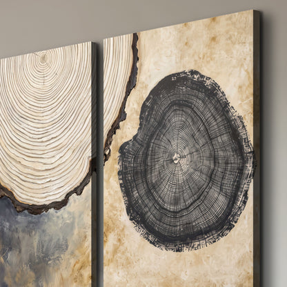 Circular tree-ring motifs in charcoal, cream and gold tones 3 piece canvas wall art room and product view