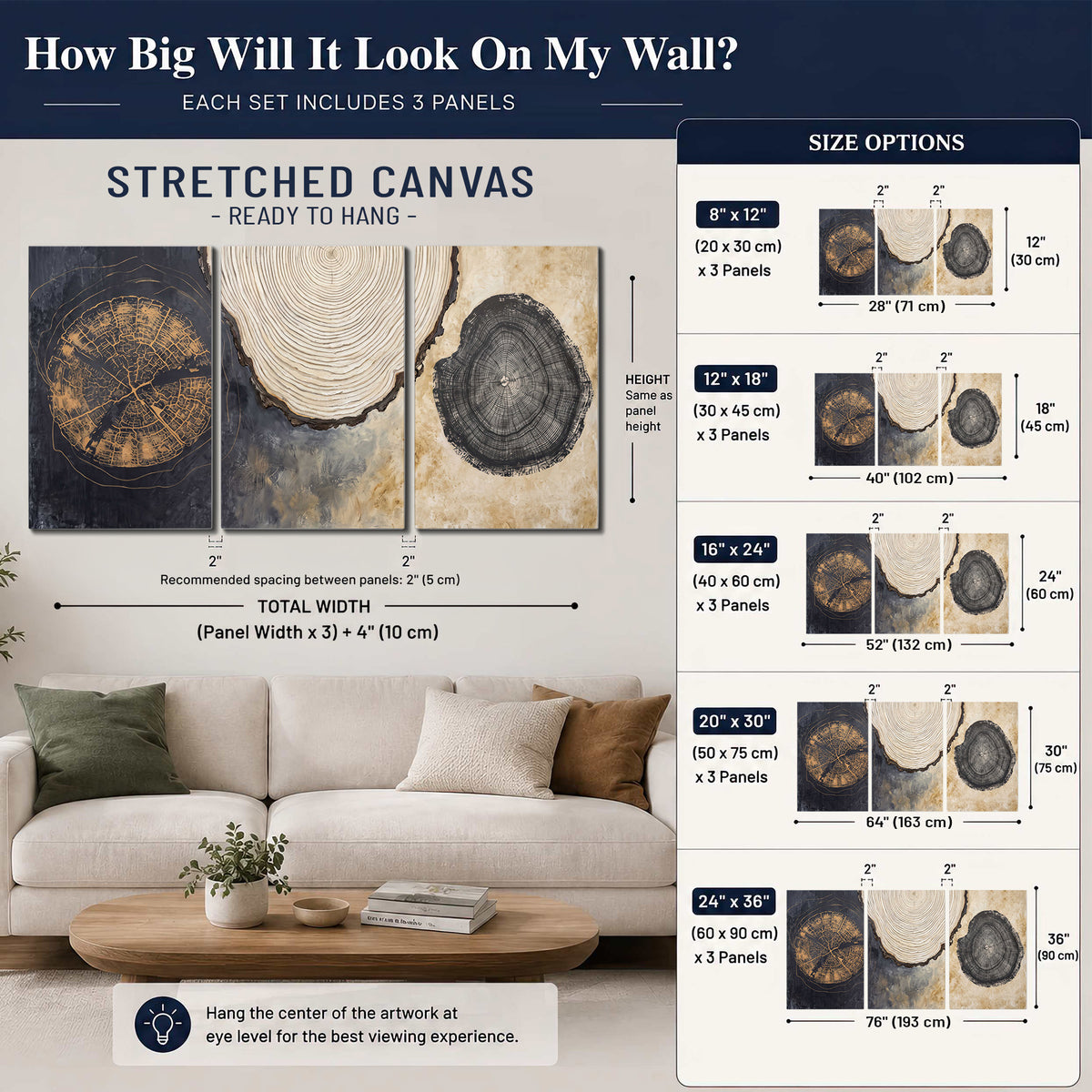 Circular tree-ring motifs in charcoal, cream and gold tones 3 piece canvas wall art size guide above a sofa; room view is illustrative
