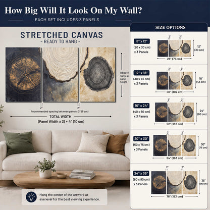 Circular tree-ring motifs in charcoal, cream and gold tones 3 piece canvas wall art size guide above a sofa; room view is illustrative