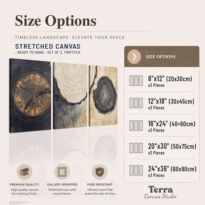 Circular tree-ring motifs in charcoal, cream and gold tones 3 piece canvas wall art available dimensions; triptych dimensions are per panel