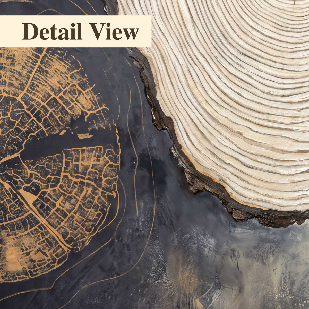 Circular tree-ring motifs in charcoal, cream and gold tones 3 piece canvas wall art artwork detail close up