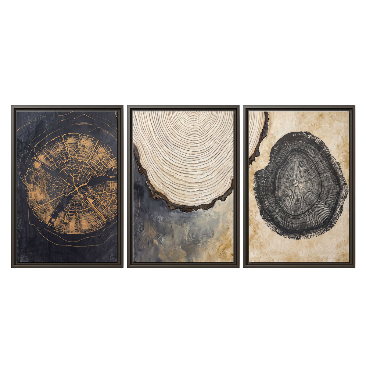 Circular tree-ring motifs in charcoal, cream and gold tones 3 piece framed canvas wall art viewed straight on