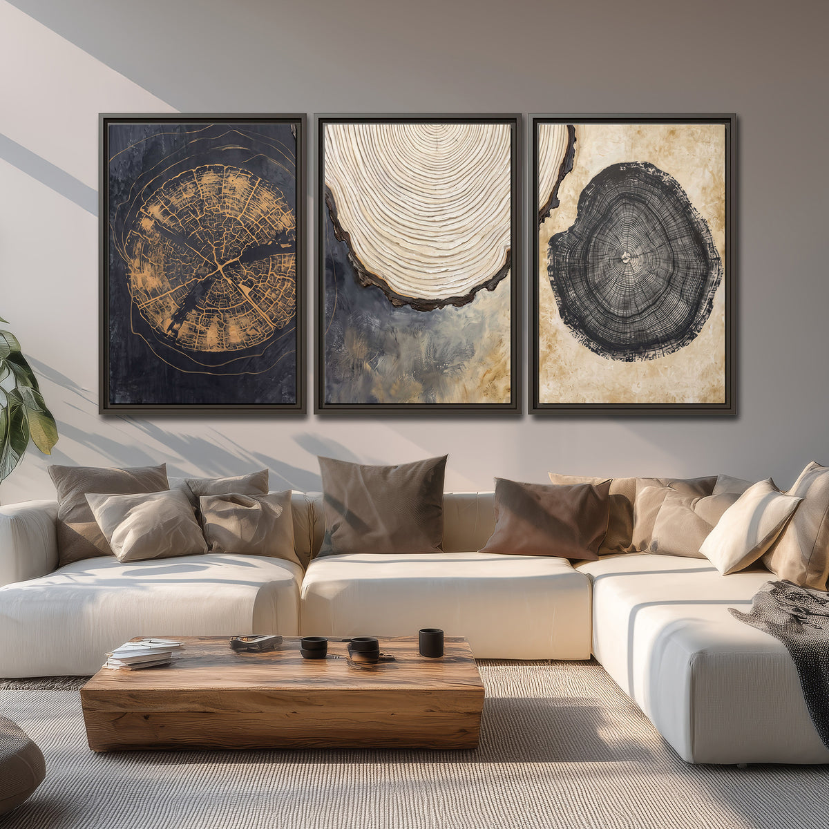 Circular tree-ring motifs in charcoal, cream and gold tones 3 piece framed canvas wall art displayed in a living room