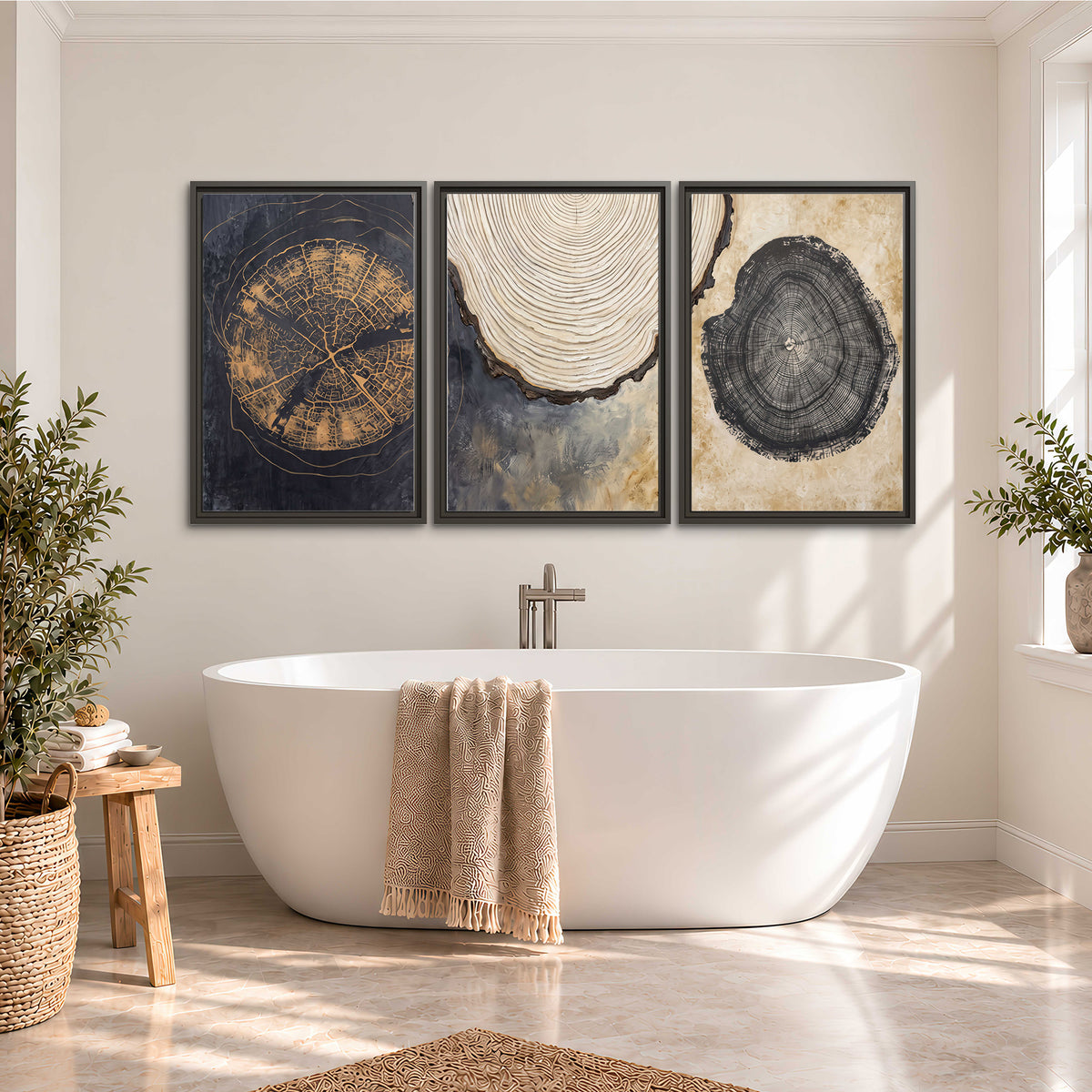 Circular tree-ring motifs in charcoal, cream and gold tones 3 piece framed canvas wall art styled in an interior