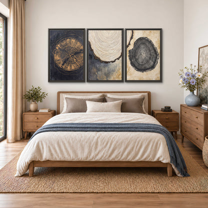 Circular tree-ring motifs in charcoal, cream and gold tones 3 piece framed canvas wall art styled in an interior