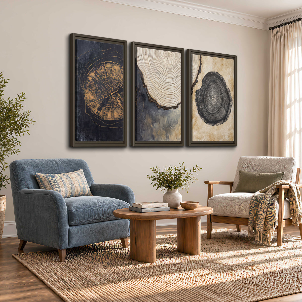 Circular tree-ring motifs in charcoal, cream and gold tones 3 piece framed canvas wall art styled in an interior