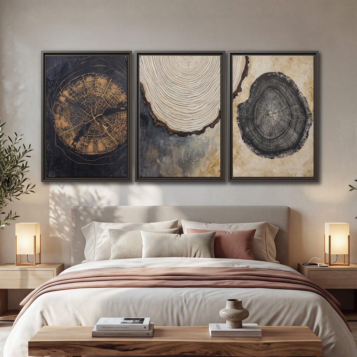Circular tree-ring motifs in charcoal, cream and gold tones 3 piece framed canvas wall art displayed in a bedroom