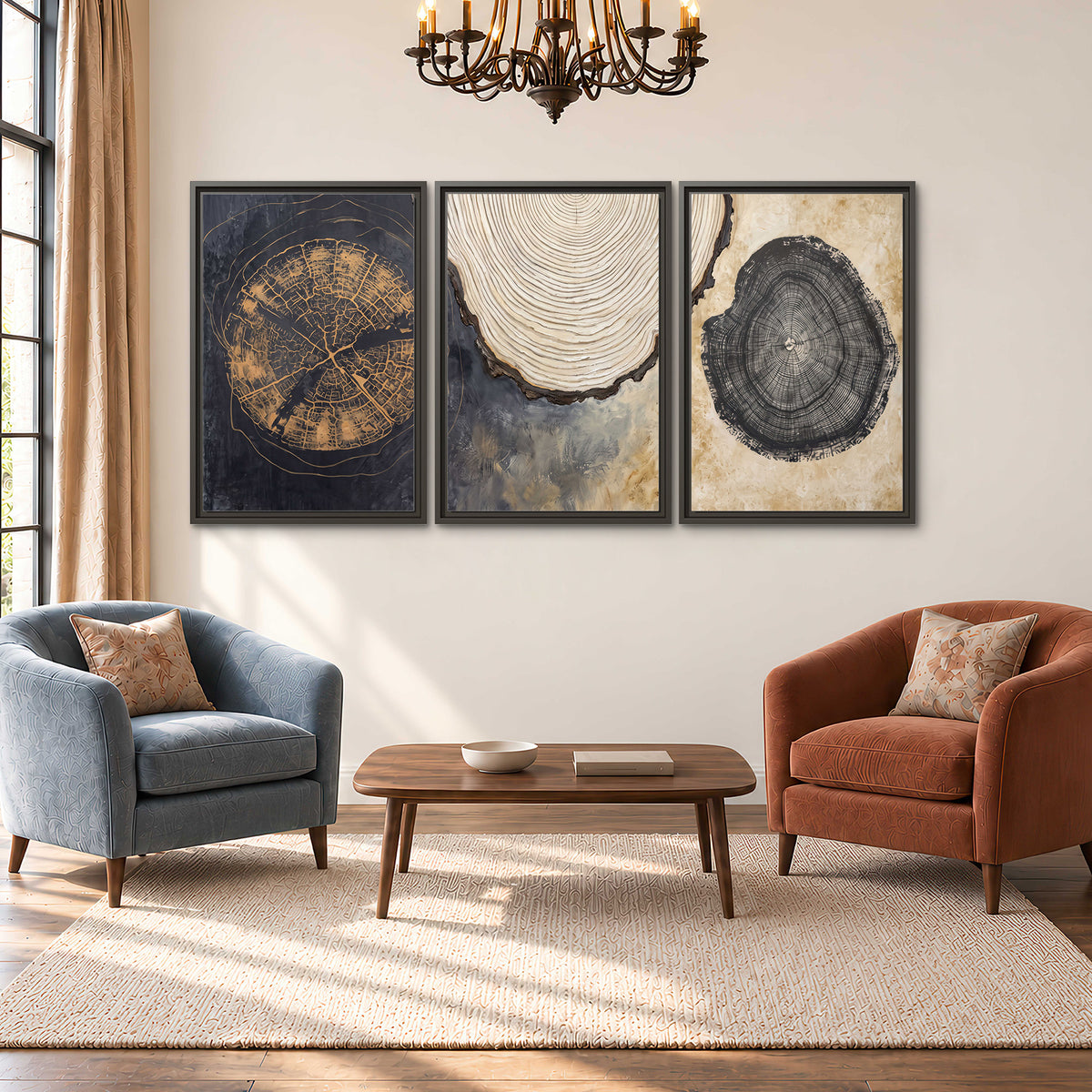 Circular tree-ring motifs in charcoal, cream and gold tones 3 piece framed canvas wall art styled in an interior