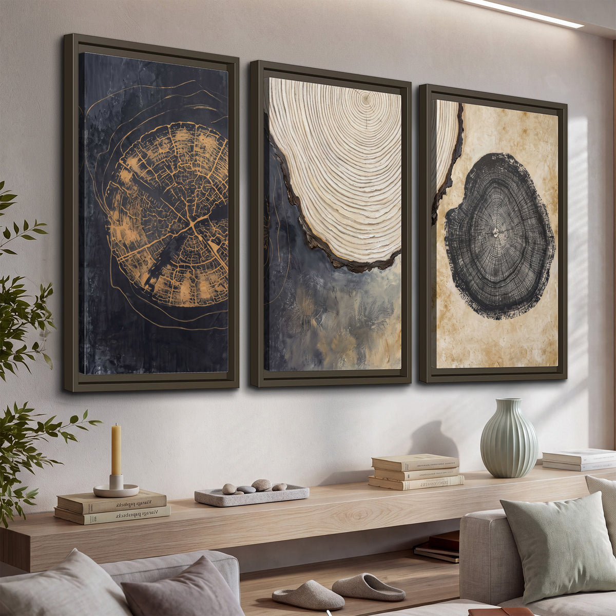 Circular tree-ring motifs in charcoal, cream and gold tones 3 piece framed canvas wall art displayed in a console