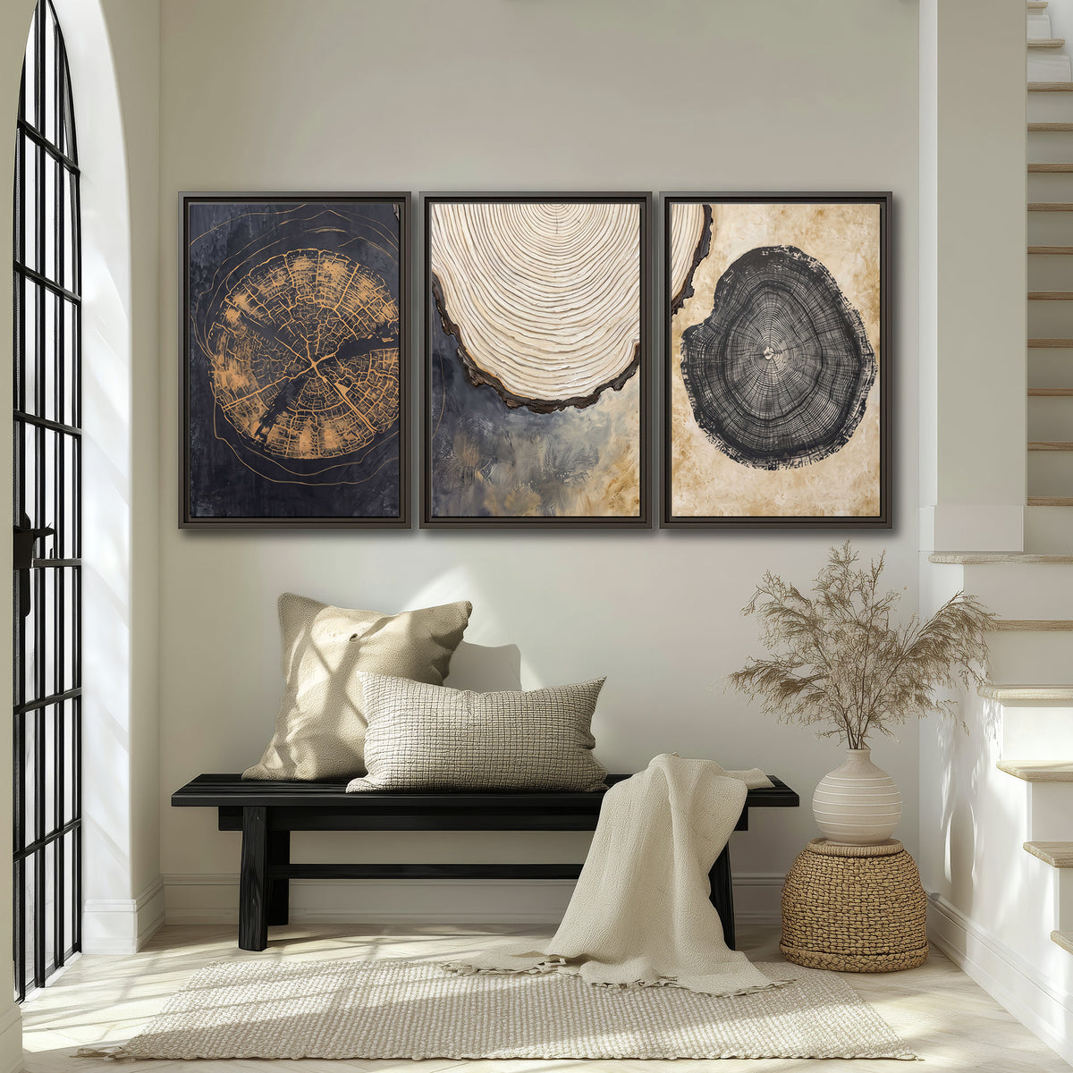 Circular tree-ring motifs in charcoal, cream and gold tones 3 piece framed canvas wall art displayed in a entryway