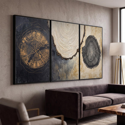 Circular tree-ring motifs in charcoal, cream and gold tones 3 piece framed canvas wall art displayed in a modern living room