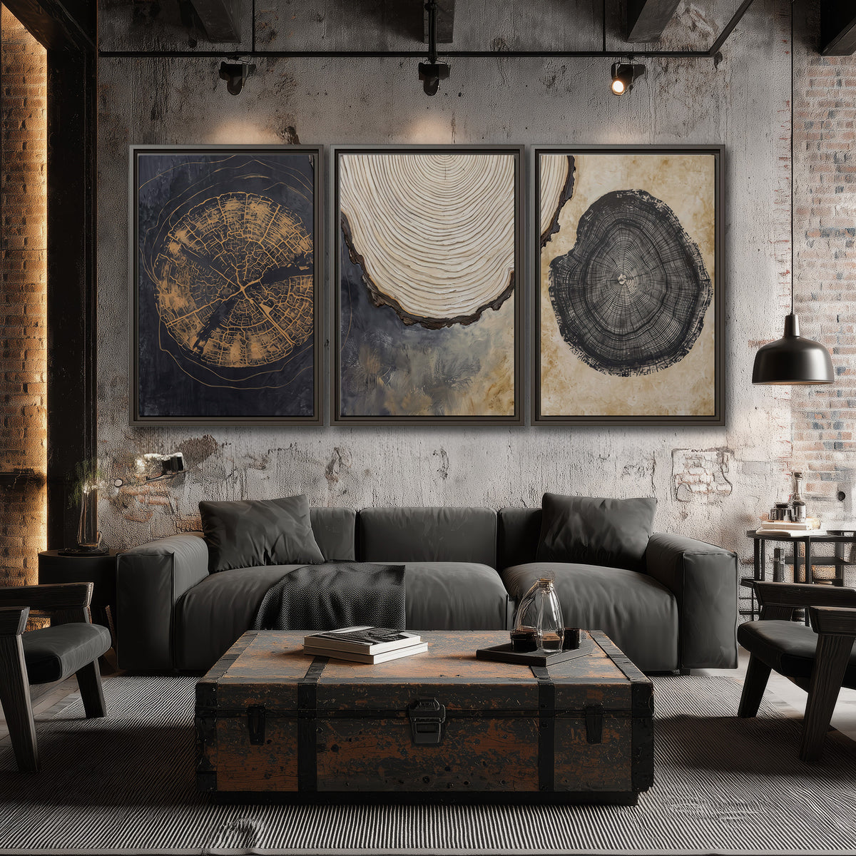Circular tree-ring motifs in charcoal, cream and gold tones 3 piece framed canvas wall art displayed in a industrial room