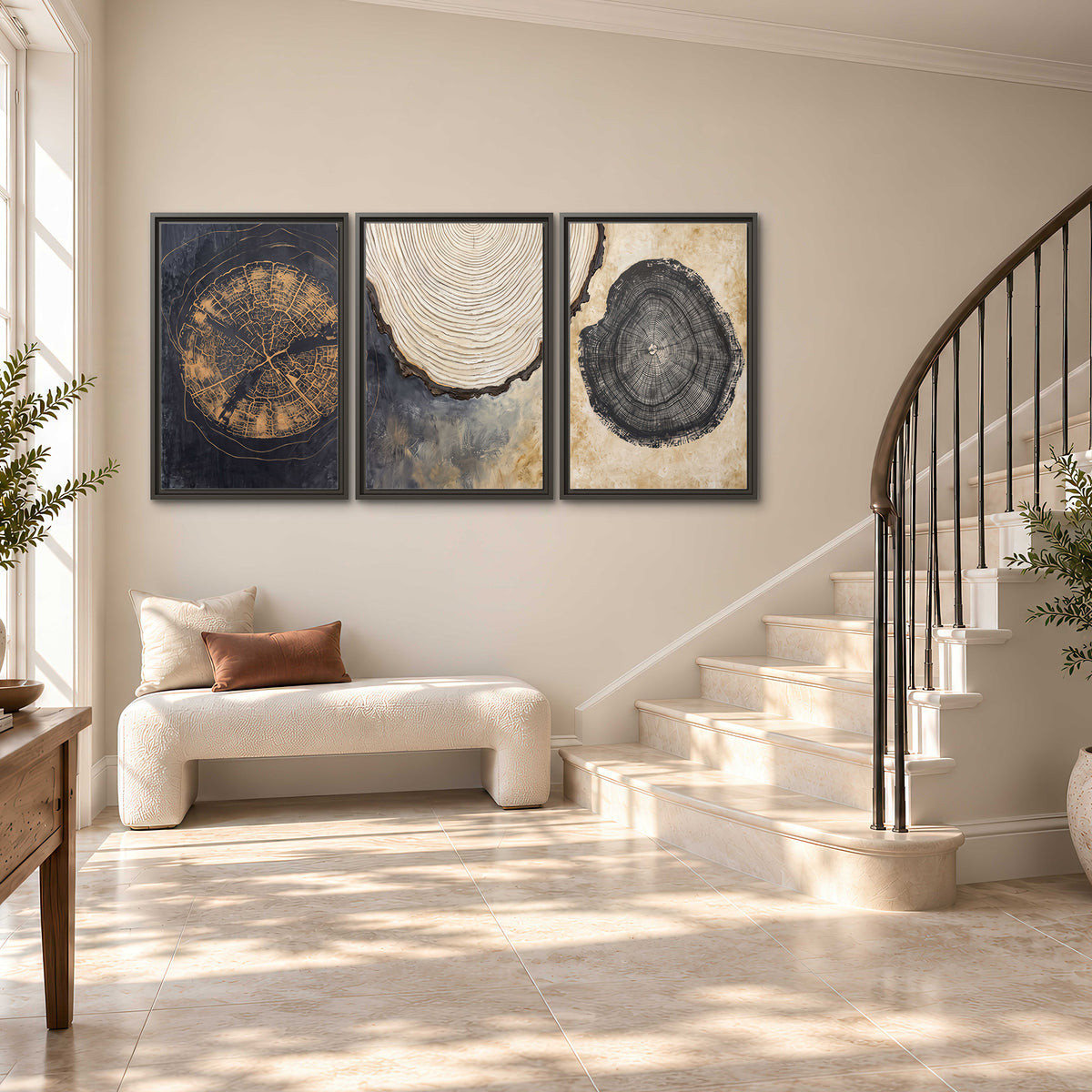 Circular tree-ring motifs in charcoal, cream and gold tones 3 piece framed canvas wall art styled in an interior