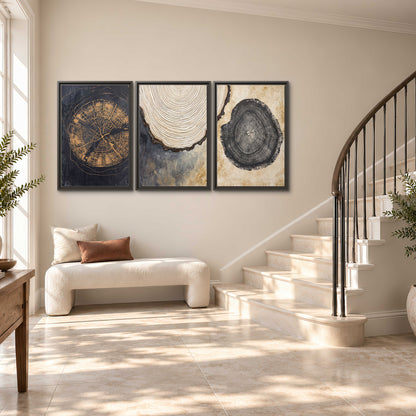 Circular tree-ring motifs in charcoal, cream and gold tones 3 piece framed canvas wall art styled in an interior