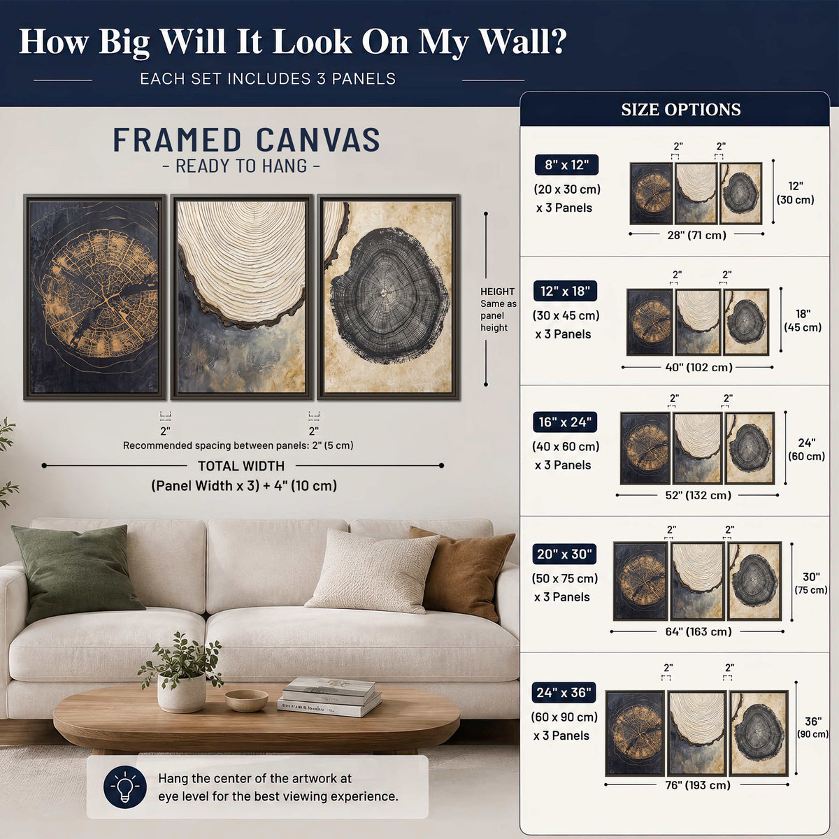 Circular tree-ring motifs in charcoal, cream and gold tones 3 piece framed canvas wall art size guide above a sofa; room view is illustrative