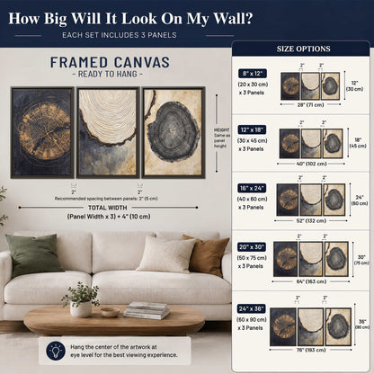Circular tree-ring motifs in charcoal, cream and gold tones 3 piece framed canvas wall art size guide above a sofa; room view is illustrative